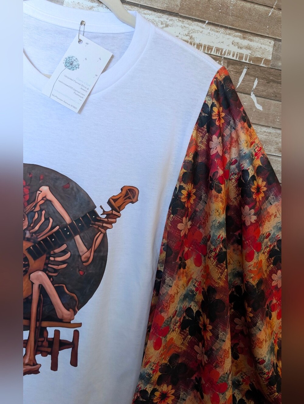 Jerry Garcia Graphic W Boho Floral Bat Winged Sleeves Top - Picture 7 of 15